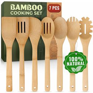 Wooden Utensil Set, Bamboo Utensils  7 PCs Wood Spoons for Cooking, Easy to Clean, Sturdy, Lightweight & Heat Resistant (7-Piece Set without Holder)