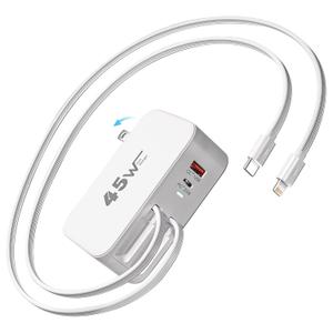 4-in-1 Retractable Wall Charger Dual USB Ports with Lightning and Type-C Cables, 45W iPhone Fast Foldable Charging Block, Travel Essentials 4-port USB Block for iPhone 17/Air/16/15/14/13/12, iPad Pro
