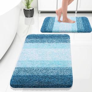 OLANLY Bathroom Rug Set 2 Piece, Soft Absorbent Microfiber Bath Rug Set, Non-Slip, Machine Wash Dry, Plush Shaggy Bath Mats for Bathroom (30"x20"+24"x16", Peacock Blue)