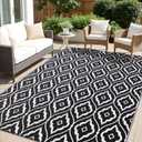 OLANLY Outdoor Rug 9x12 ft Waterproof, Outdoor Plastic Straw Rug with Geometric Pattern Clearance, Reversible RV Mat for Patio, Camping, Balcony, Deck, Backyard, Black & White