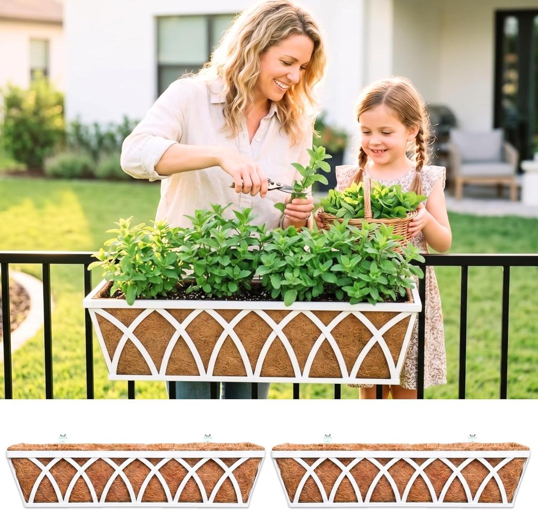 LaLaGreen Deck Railing Planter Outdoor (2 Pack, 30") Rectangular Window Flower Box with Coco Liner, White Metal Wall Hanging Planters Plant Holder Mounted Horse Troughs Rail Fence Patio Garden Decor