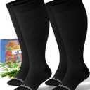Wide Calf Bamboo Viscose Compression Socks for Women | Graduated 15-20mmHg, 2-Pair, Knee High, Plus Size, Easy On/Off, Cute, Nurse Pregnancy Travel, Daily Wear, Black, Large/X-Large