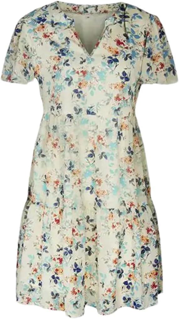 Women V-Neck Short Sleeve Loose Dress Chic Floral Printed A-LINE Pullover Short Dress (M, White Floral)