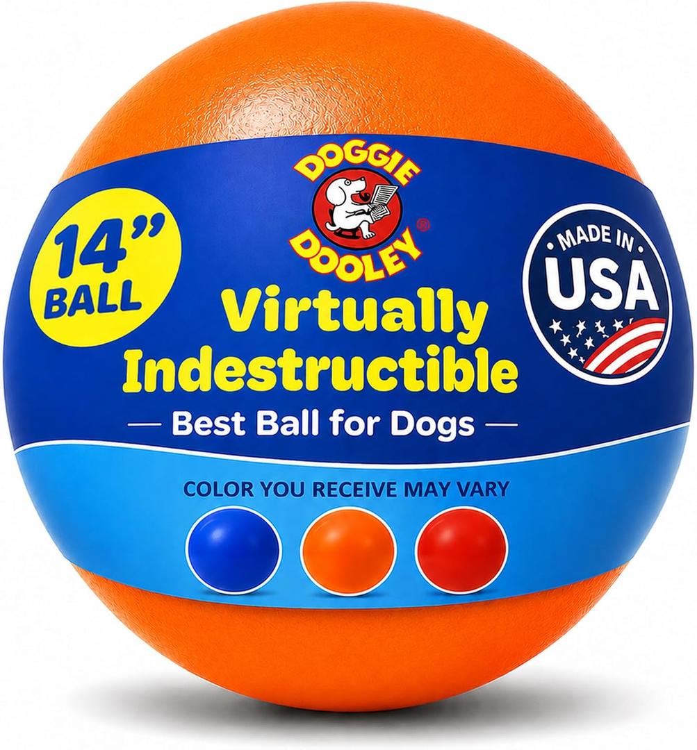 Doggie Dooley Virtually Indestructible Dog Ball - 14 Inch Hard Plastic Interactive Dog Toy for Large Breeds Over 75+ lbs - Built for Herding & Push Play - Floats in Water, Made in USA - Orange