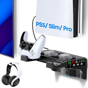 Tokluck P5/Slim/Pro Wall Mount Kit with Cooling Fan & Charging Station, P5 Shelf Floating Mount for PA 5/Slim/Pro Disc & Digital Console, PA 5 Wall Bracket Behind TV, PS Five Accessories, Black