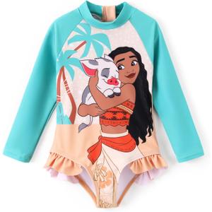 Disney Princess Frozen Elsa Minnie Stitch One Piece Swimsuit Rashguard Bathing Suit UPF 50+Toddler Girl Long Sleeve Swimwear (6 Years, Disney Moana-turquoise)