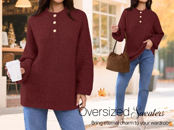 MEROKEETY Women's 2025 Fall Oversized Sweaters Chunky Long Lantern Sleeve Buttoned Mock Neck Winter Knit Loose Pullover Tops, Medium
