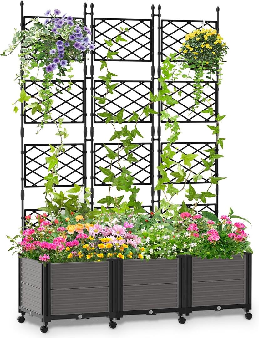 Raised Garden Bed Outdoor Planter Box with Trellis and Wheels, Tomato Planter Cage with Trellis, Indoor Outdoor Patio Self Watering Planters for Climbing Plants Vegetable Flowers