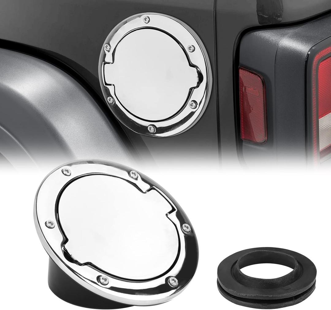 Fuel Filler Door Cap Electroplate Silvery Gas Cover Cap Compatible with Jeep Wrangler 2007-2017 JK & Unlimited 2 door and 4 door + US Flag stickers cross bar AccessoriesAluminum+ABS Accessories