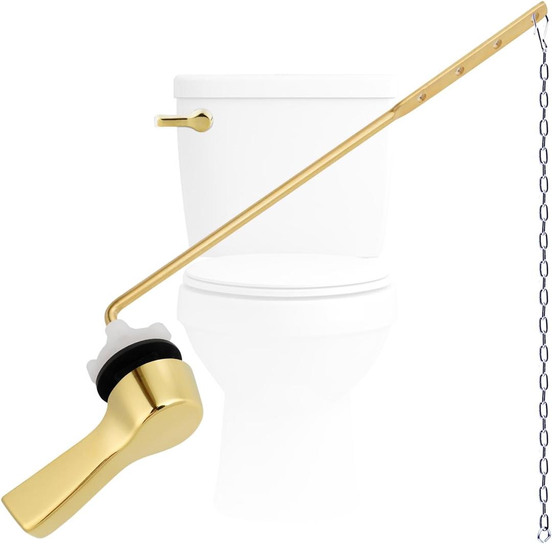 Hygie Rinse Metal Toilet Handle Lever Flush Replacement, 1 PCS Universal Side Mount Toilet Handle with Stainless Steel Flapper Chains, Toilet Repair Kit, Shiny Gold