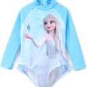Disney Princess Frozen Elsa Minnie Stitch One Piece Swimsuit Rashguard Bathing Suit UPF 50+Toddler Girl Long Sleeve Swimwear (3-4T)