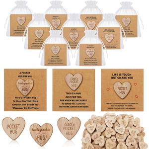 60 Set Wooden Pocket Hug Token Gift Bulk with Exchange Relationship Greeting Cards Organza Bags Heart Shape Pocket Hug Keepsake for Colleagues Family Distance Social Celebration of Life Love Gift