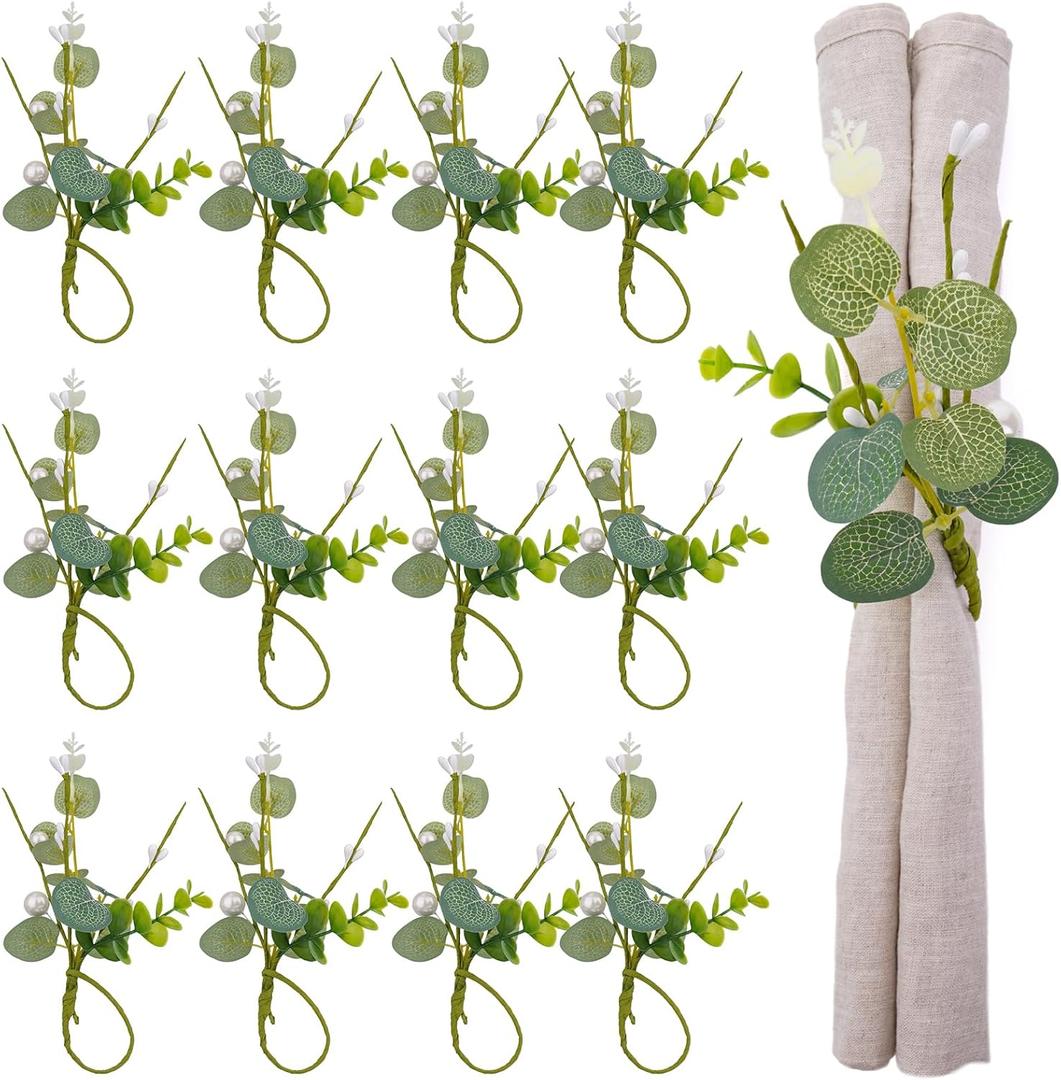 Napkin Rings Set of 12 - Mini Greenery Eucalyptus Leaf Napkins Rings for Wedding Table Decor, Flower Napkin Ring with Pearls for Dinner Party Banquet