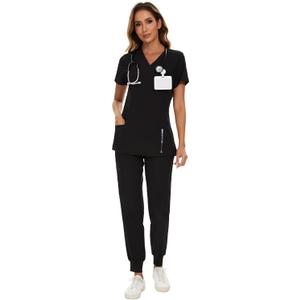 COZYFIT Scrubs for Women Set - Stretch V-Neck Scrub Top & Jogger Pant with 8 Pockets (X-Small, Black)