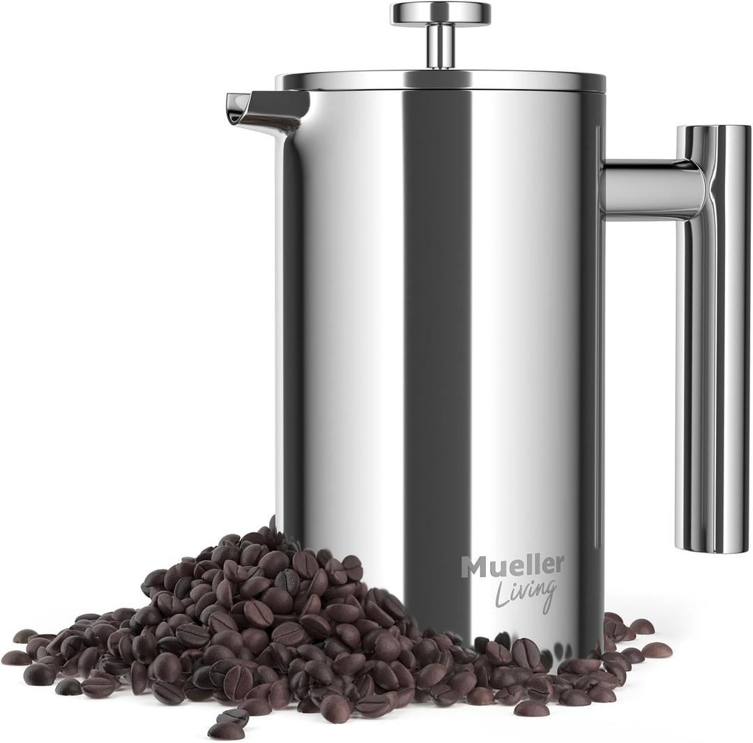MuellerLiving French Press Coffee Maker 20oz, Stainless Steel French Press Coffee, 4 Filter Heat Resistant Double Insulated, Rust-Free, Food Grade, Dishwasher Safe Coffee Pot