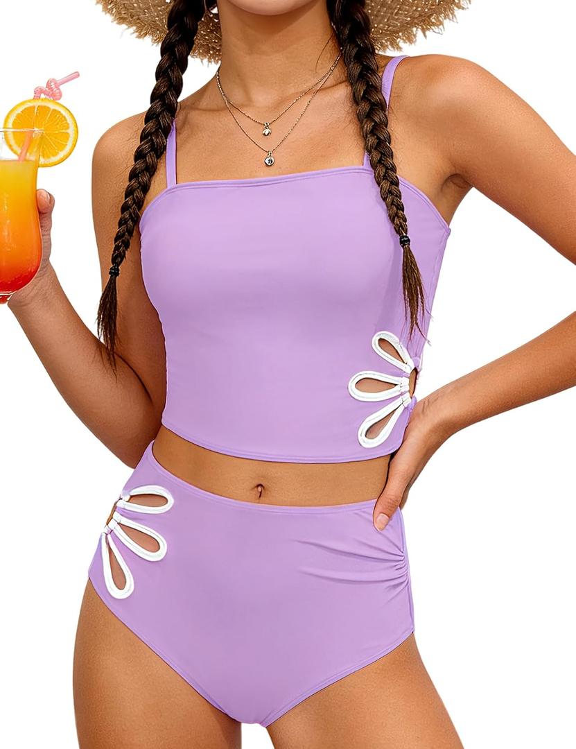 Girls Swimsuit Adjustable Straps Cut Out Swimwear 2 Piece Solid Color Tankini for Girls Bathing Suit 11-12Y