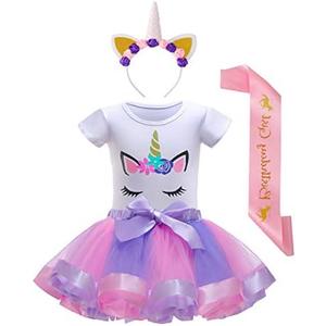 Nuolich Little Girls Unicorn Birthday Party Outfit, Unicorn Tutu Dress, Headband, Shirt & Satin Sash L