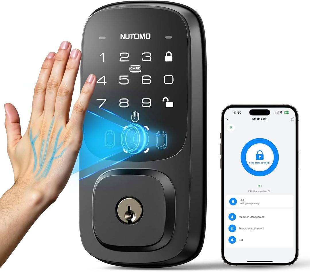 NUTOMO Palm Vein Smart Lock: Keyless Entry Door Locks Built-in WiFi Keypad Electronic Digital Deadbolt with APP Remote Control for Home Support Alexa/Rechargeable Battery/BHMA Grade 3/SP300/Black