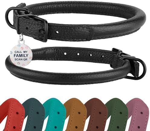 Rolled Leather Dog Collar Soft Round Collars, ID Tag for Small Medium Large Dogs (14-17 inch, Black Midnight & Black Buckle)