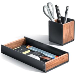 UPERGO Walnut Desk Tray with Pen Holder Set, Natural Wooden Desk Drawer Organizer Office, Organizer Tray for Keys, Pen, Watch