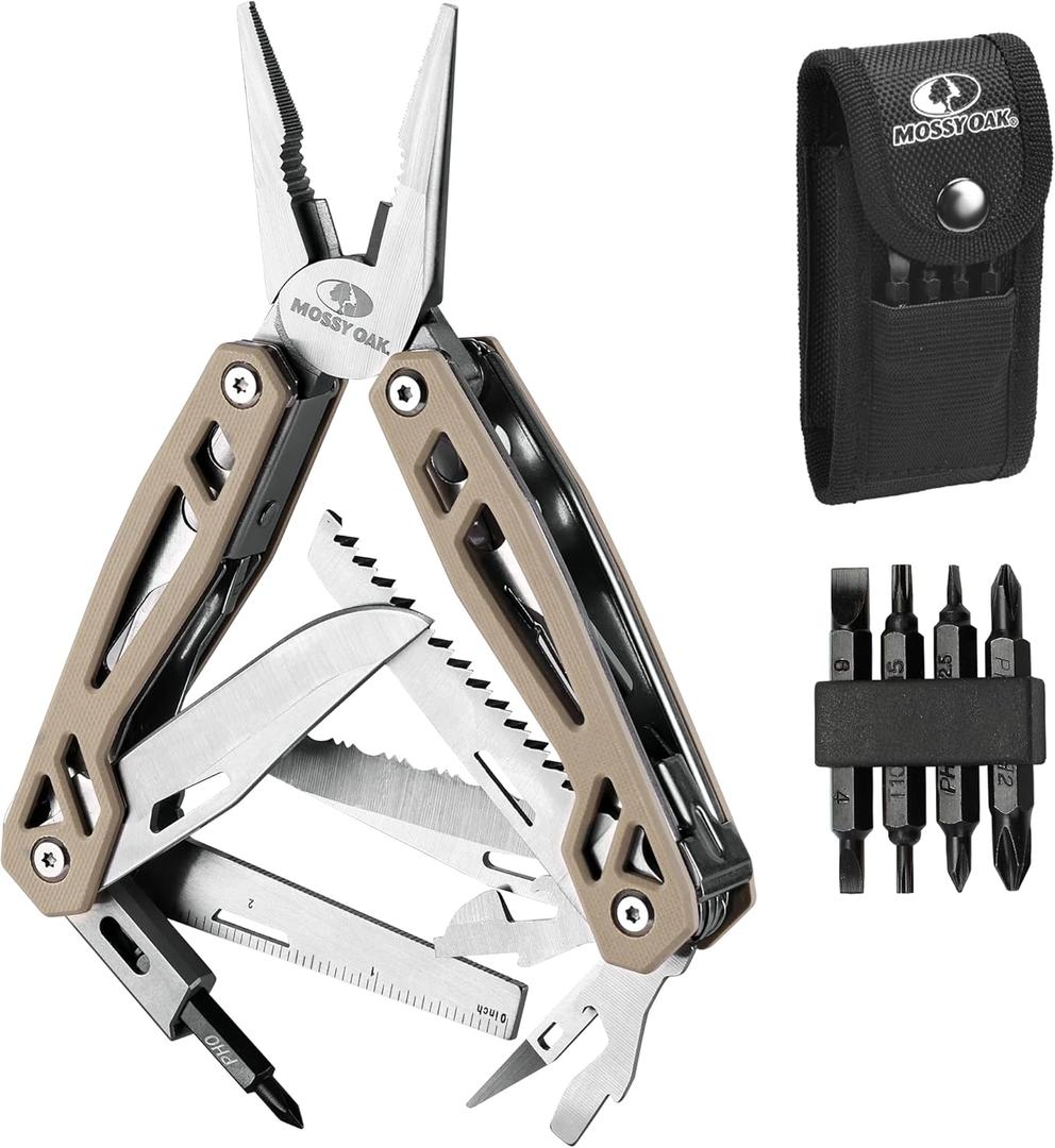 MOSSY OAK Multitool, 22-in-1 Stainless Steel Pliers with Screwdriver Sleeve, Desert Steel Handle, Self-locking Knife with Sheath-Perfect for Outdoor, Survival, Camping, Hiking, Simple Repair