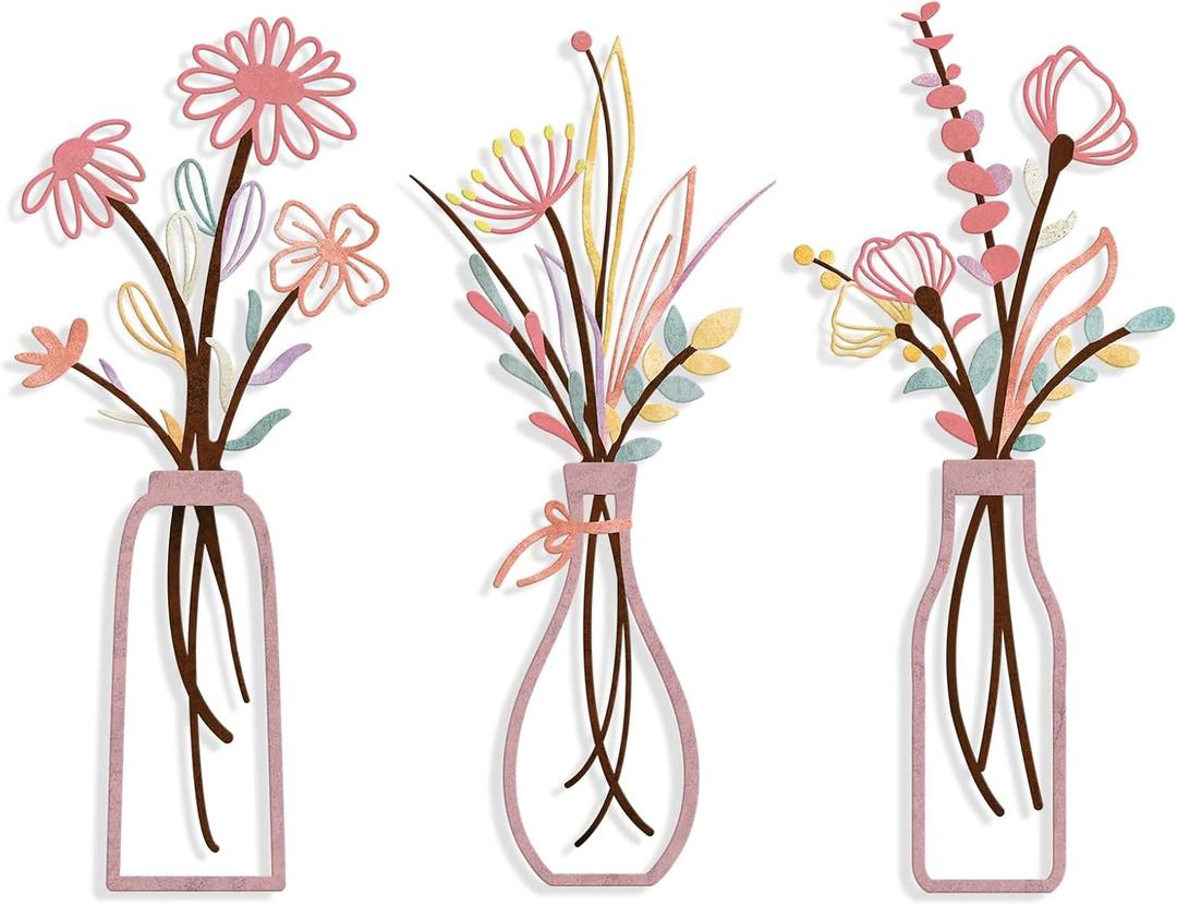 Pigort 3 Pieces Metal Flowers Wall Arts - Rustic Farmhouse Style Décor Metal Wall Art Black Minimalist Flower Natural Themed Wall Decors for Home Bedroom Dining Room Housewarming (Pinkish)