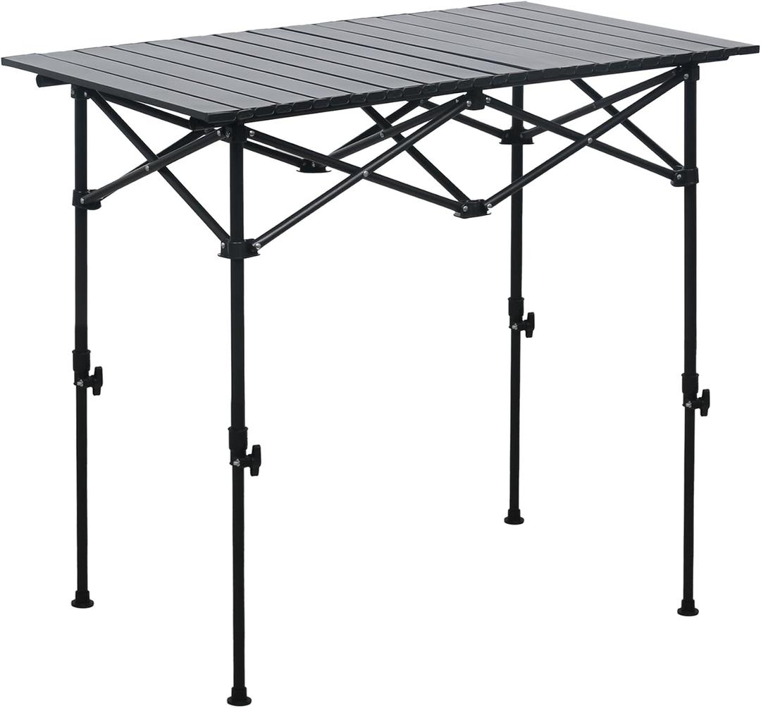 LOFTEY Folding Camping Table, Adjustable Height Aluminum Camp Table with Roll Up Top, Lightweight with Carry Bag, Portable for Camping, Backyard BBQ, Tailgating, 37.4" L x 21.7" W x 32" H, Black, 35" x 21.9" x 29.5"