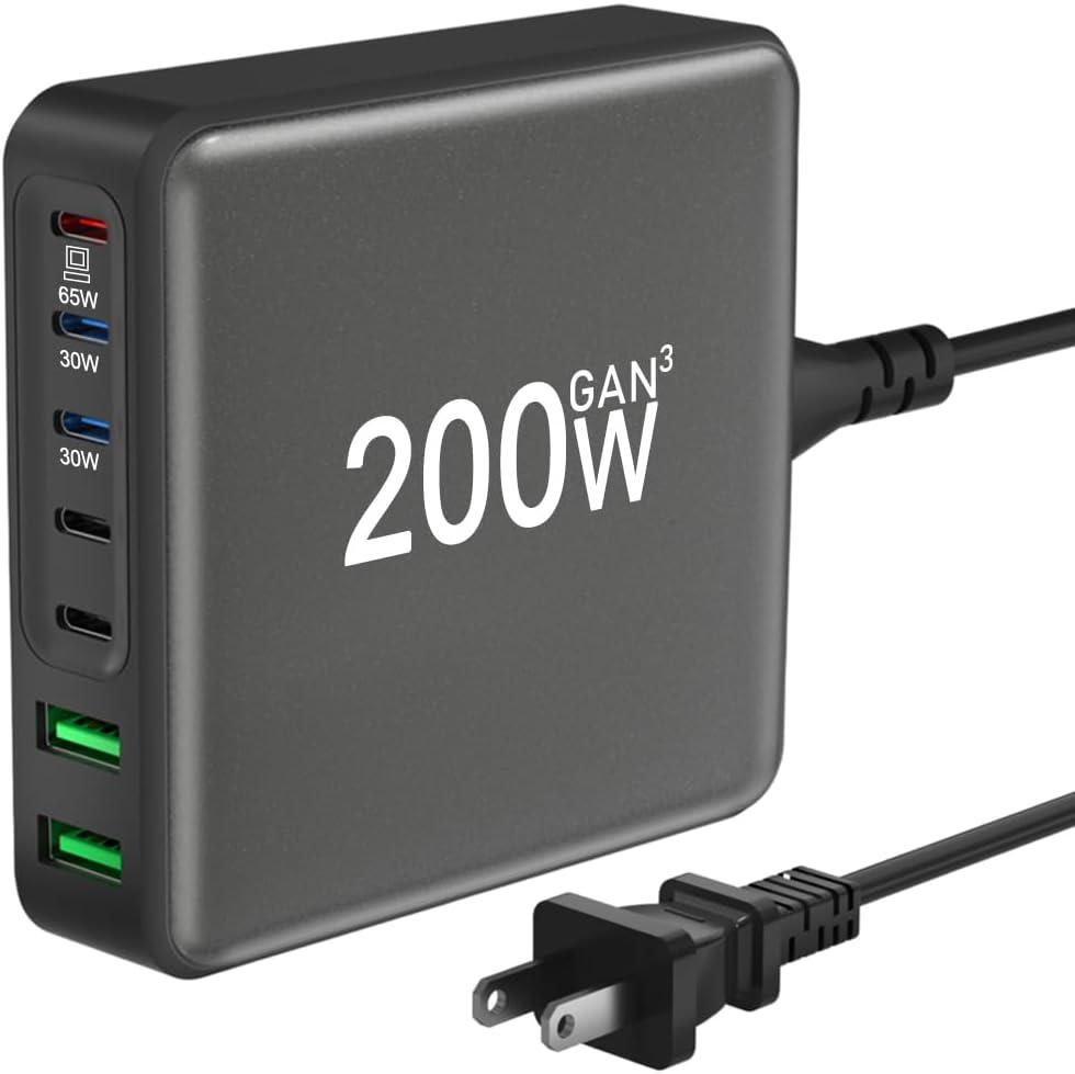 200W USB C Charger, 7-Port Desktop USB C Charging Station, 65W Laptop Charger Compatible with MacBook Pro/Air,iPhone 16/15/14/Mini/Pro/13Pro Max/12
