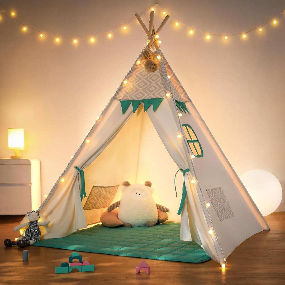 besrey Teepee Tent for Kids with Padded Mat & Light, Kids Tents Indoor Playhouse, Large Tipi Tent, Christmas Play Tent for Toddler Boys Girls, Foldable Portable Toddler Reading Room (Green)