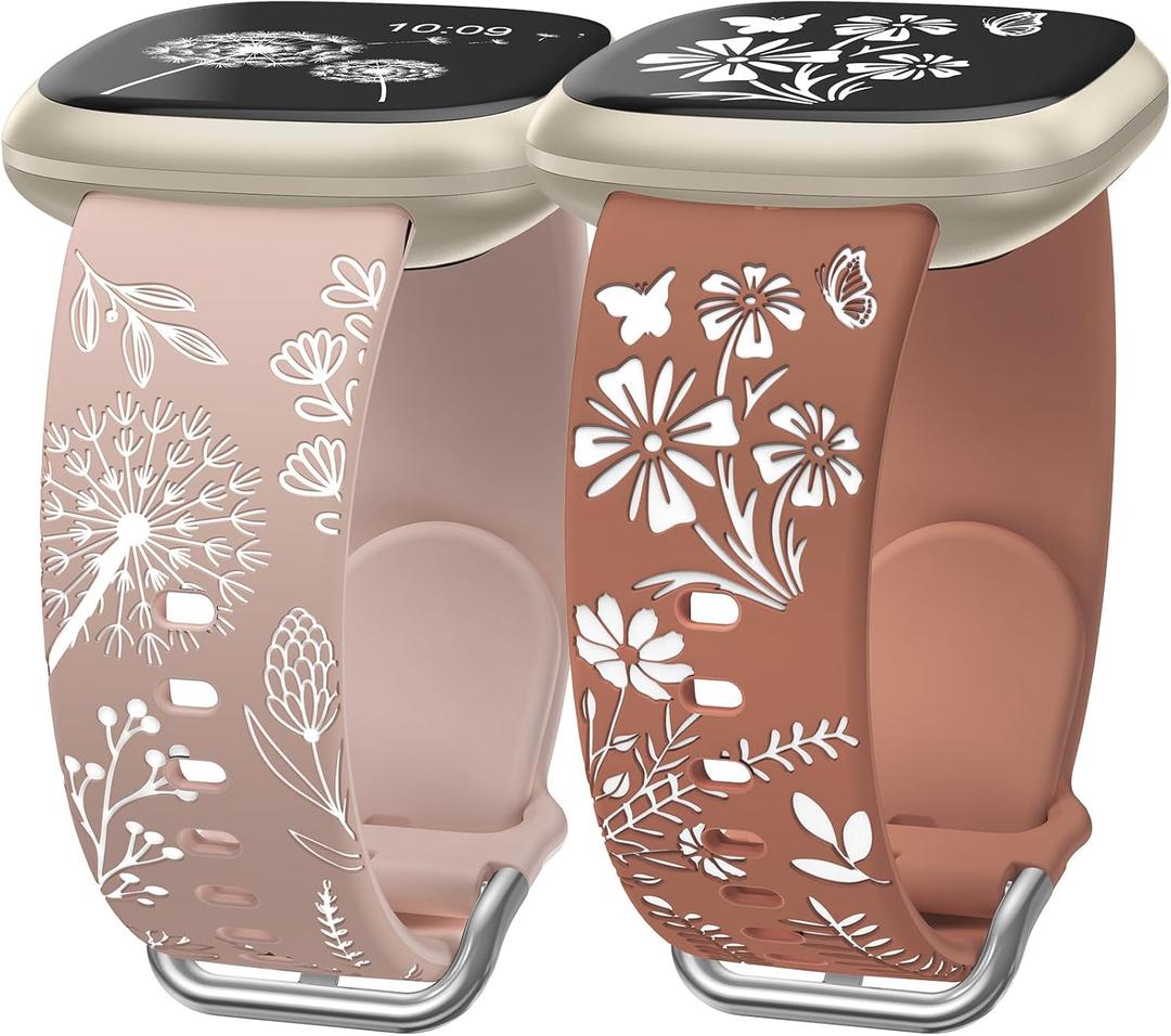 Wearlizer 2 Packs Floral Engraved Band Compatible with Fitbit Versa 4 Bands for Woman/Versa 3/Sense 2/Sense Bands Women, Cute Two-Tone Flower Soft Silicone Sport Strap (Milk Tea/White & Brown/White)