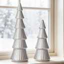 WONDROUS' DECO Wooden Christmas Tree Figurine, Tabletop Silver Tree Figurine, Set of 2 Desk Centerpieces for Christmas Decor