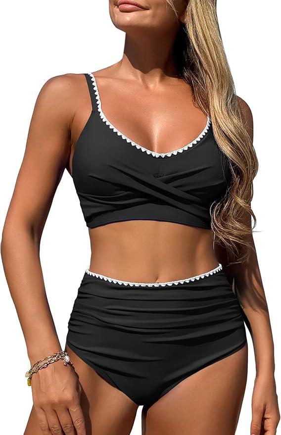 ZAFUL High Waisted Bikini Sets for Women Twist Front Ruched Color Block Two Piece Swimsuits Tummy Control Bathing Suit,  Small