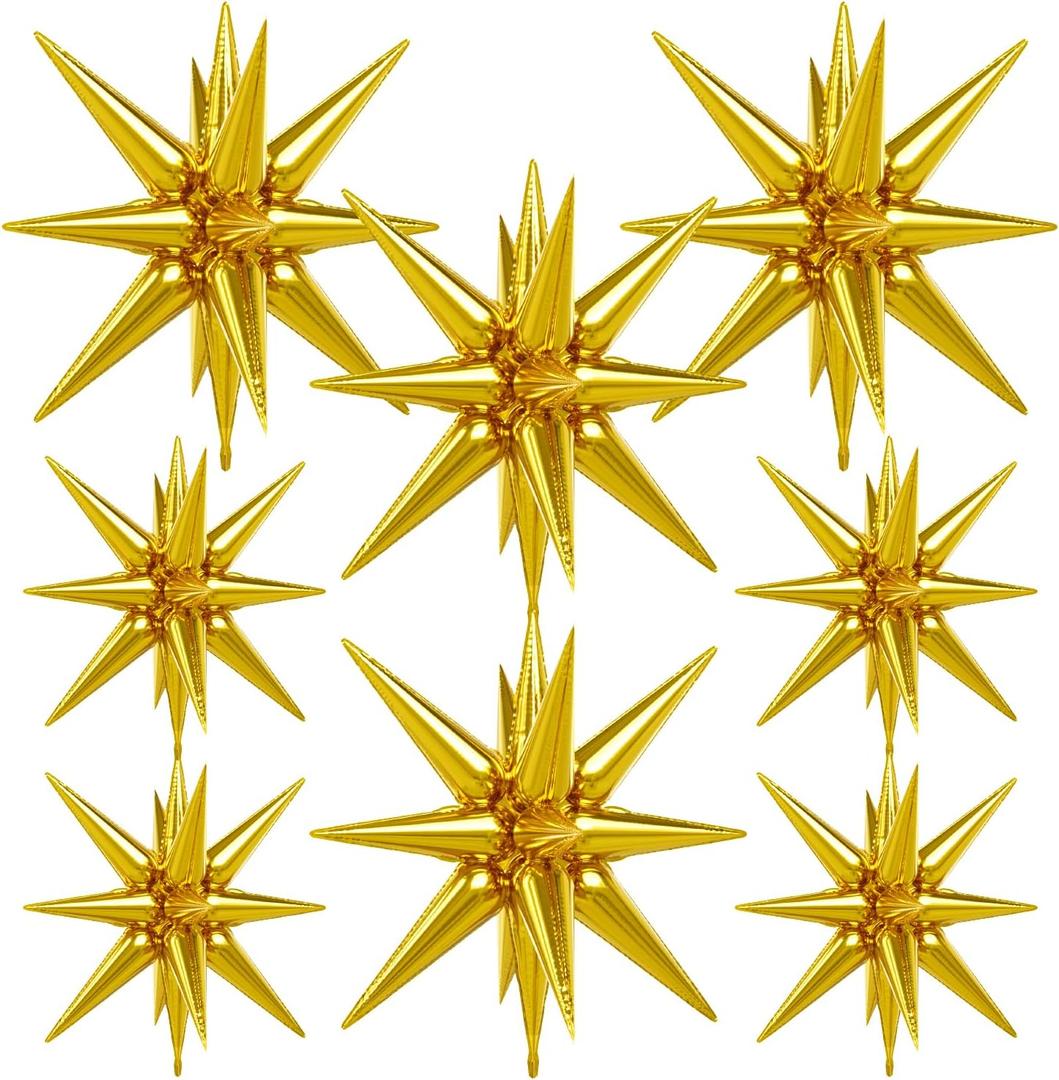 8Pcs Gold Star Balloons,Explosion Star Foil Balloons Huge Starburst Balloon Magic One-Piece 14-Pointed Mylar Spike Balloon for Graduation Birthday Wedding Party Decorations