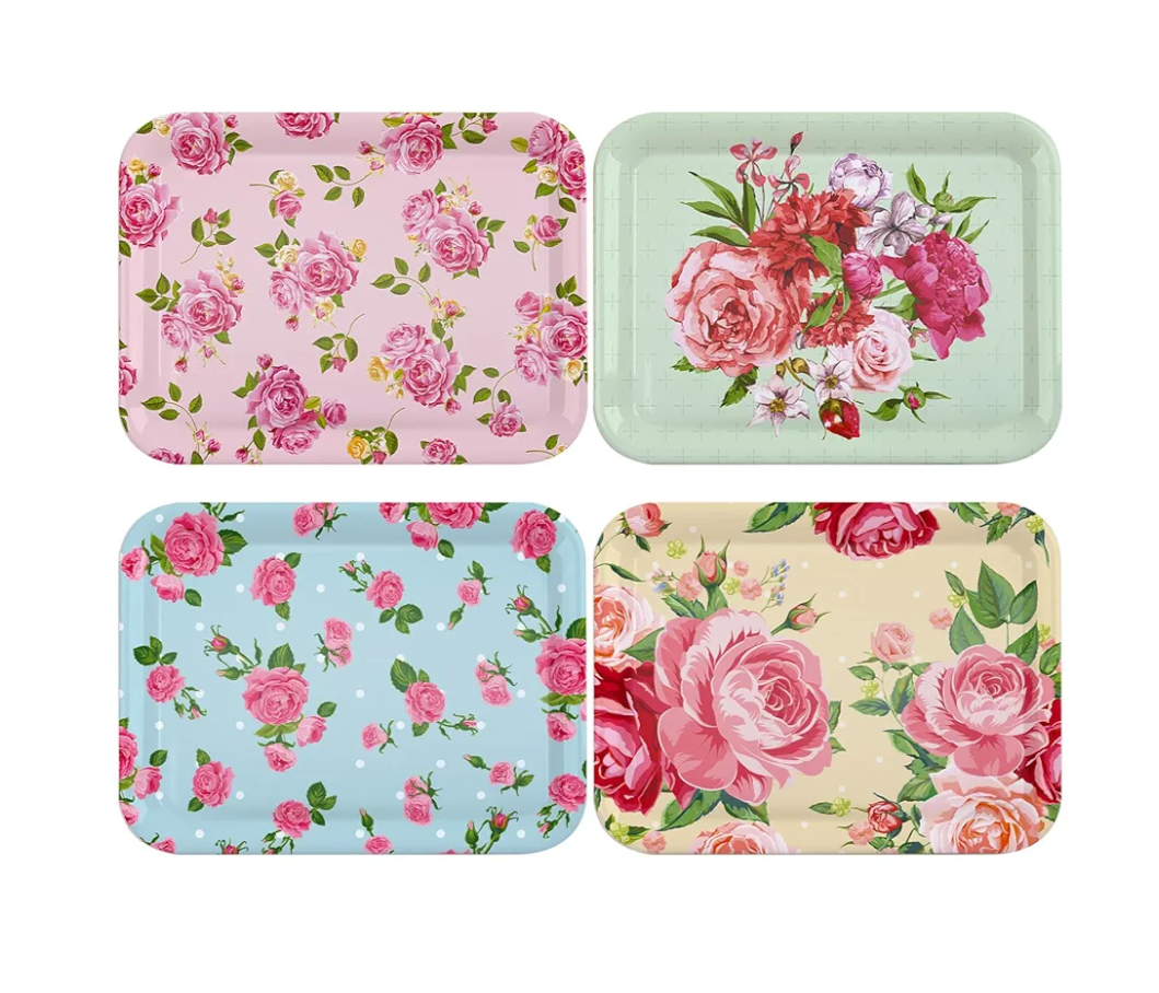 4 Pcs Melamine Serving Trays Platters Snack Trays Reusable Rectangle Platters for Sports Game Day Flower Tea Party Food Dessert Cookies Serving Plates Supplies, 13 x 9.7 Inch(Flower)