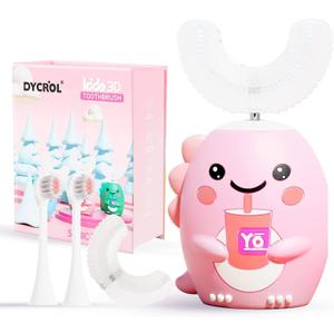 Kids U Shaped Electric Toothbrush with 4 Brush Heads, Sonic Toothbrush Kids with 5 Modes, Cartoon Dinosaur 360-Degree Cleaning IPX7 Waterproof Design (6-12 Age (Pink))