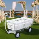 4 Pcs All-Terrain Wedding Wagon Set Includes 39x17x32 Inch Heavy Duty White Flower Girls Wagon Cart Here Comes The Bride Sign White Tulle Plush Pad for Wedding Reception