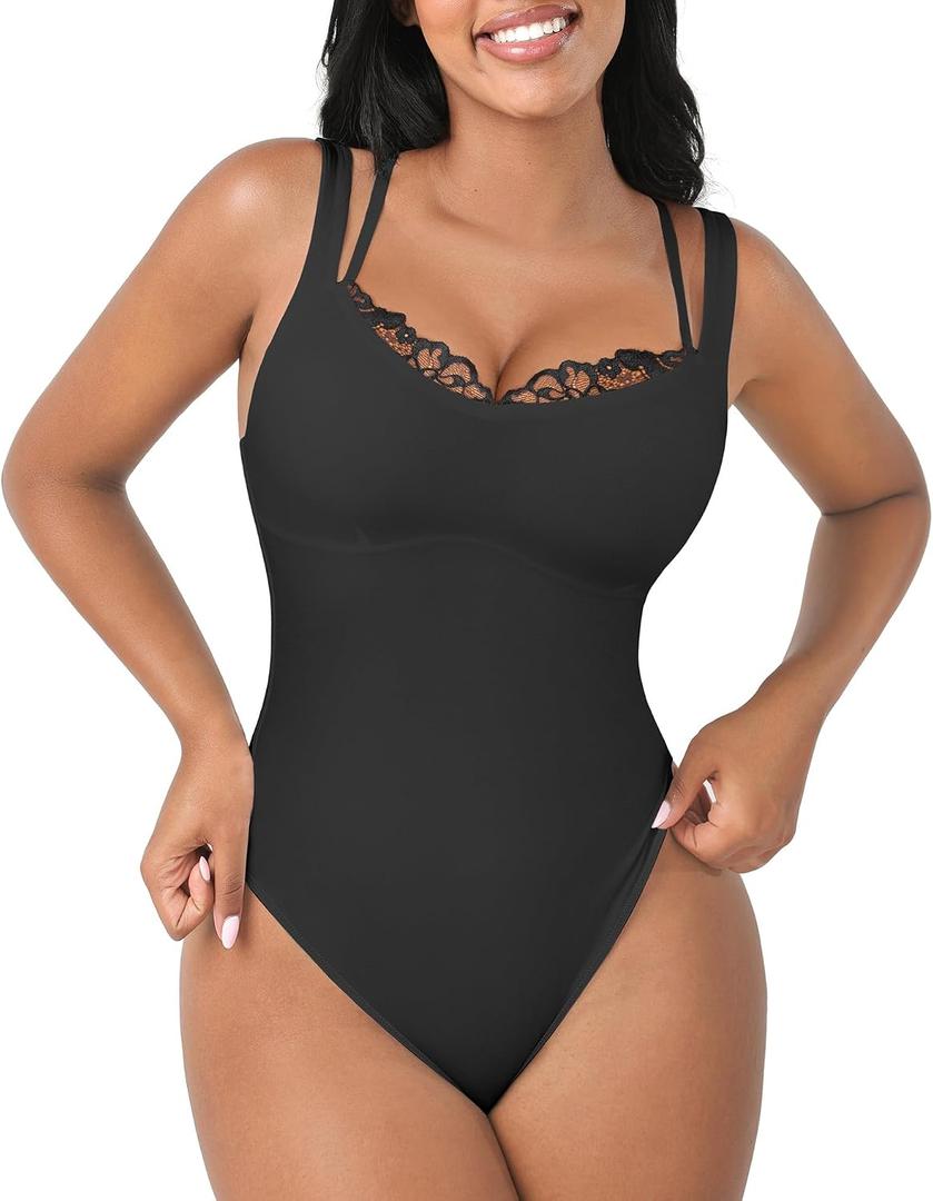FeelinGirl V Neck Design Shapewear Bodysuit for Women Black Sleeveless Thong Body Shaper Tummy Control for Plus Size Women Black XL