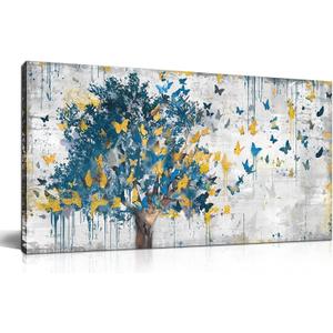 Kepgonegu Large Canvas Wall Art Blue Tree Golden Butterflies Picture Abstract Grey Graffiti Canvas Prints Ready to Hang for Living Room Bedroom Size 20x40