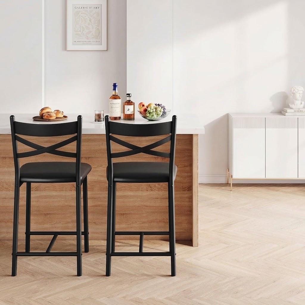 GarveeHome 26in Bar Stools Set of 2, BarStools with Back, Support 300LBS Black Barstools with Padded Seat,Thick Upholstered Cushion, Dining Chairs for Kitchen Island, Bar, Dining Room
