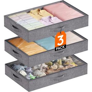 Lifewit Under Bed Storage Containers, 4.3 Inches Tall Low Profile Underbed Storage, Foldable Clothes Storage Bags Organizer Bin with Lids, Ultra Thick Fabric for Blankets Pillows Shoes, Medium, 3 Pack (25.6"L x 15.8"W x 4.3"H)