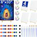 4 Pack 8x10 Inch Canvas and Easel Set, Sip and Paint Kit for Adults,Art Canvas Bulk with Easels Stands, Trays,Small Paint Brushes,12 Colors Mini Acrylic Paint Set for Couples and Party Supplies