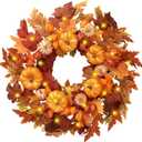 Sggvecsy Fall Wreath 21Artificial Autumn Front Door Wreath with Orange Pumpkins Maple Leaves Lantern Fruit Cape Gooseberries for Outside Indoor Wall Window Festival Thanksgiving Harvest Fall Decor