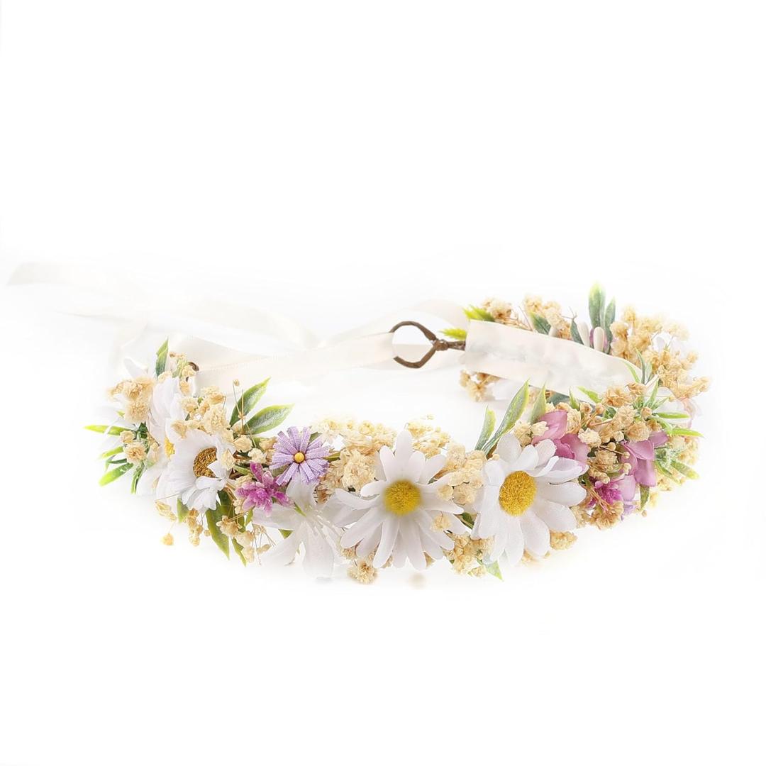 Wildflower Flower Crown for Baby 1st Birthday Party Headpieces Toddler Headband Hair Accessories for Girls Photo Prop Cake Smash Photography (White-Toddler size)