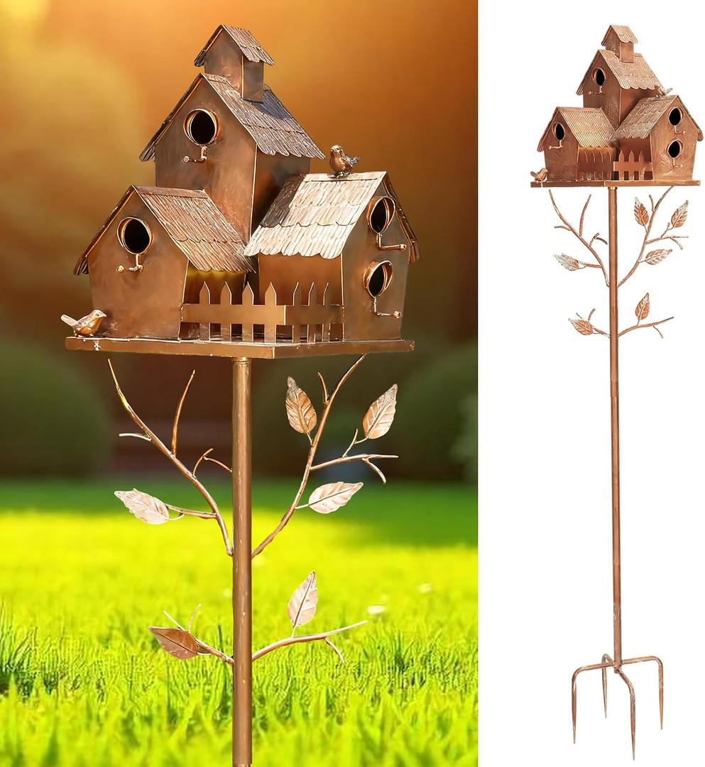 Reallnaive 75" Large Copper Colored Multi-Birdhouse Stakes - Metal Bird Houses Stake with Pole for 4 Bird Families in Each for Christmas Winter Outdoor Patio Yard Garden Decoration