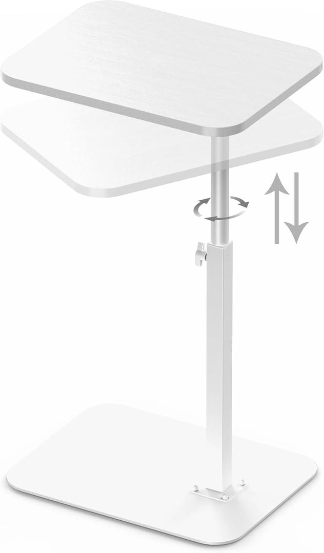 Side Table Sofa Tray for Couch Heavy Metal Base Swivel/Adjustable Height, Sofa Bed Bathroom Study TV Tray C Shaped End Table Food Snack Trays for Eating, White, 11.8*15.7 in, Standard 