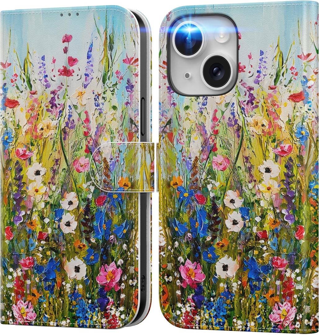 DEENAKIN for iPhone 16 Wallet Case with Card Holder + Cash Clip, RFID-Blocking, Military-Grade Drop Protection & UV-Printed Artwork, Magnetic Closure with Leather Kickstand - Wildflowers Painting
