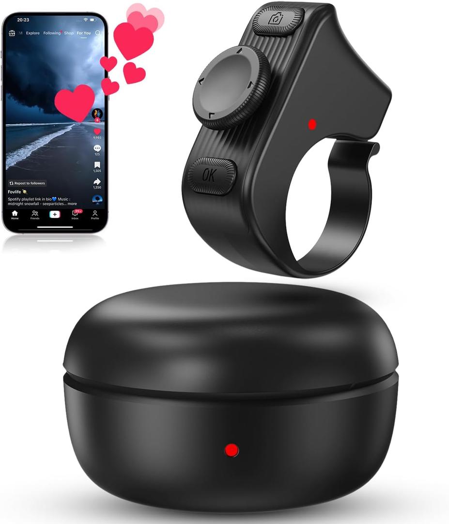 [New Upgrade, Easy to Use] TikTok Scrolling Ring Remote Control, Camera Shutter Remote, Wireless Bluetooth Scrolling Ring for iPhone, iPad, iOS, Android - Black