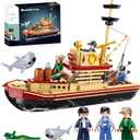 Fishing Boat Building Toy with Shark, Fishing Ship Building Kit with 3 Fisherman Minifigures, Birthday Valentine's Day Gifts for Adults Kids, Compatible with Lego Boat, 592 PCS
