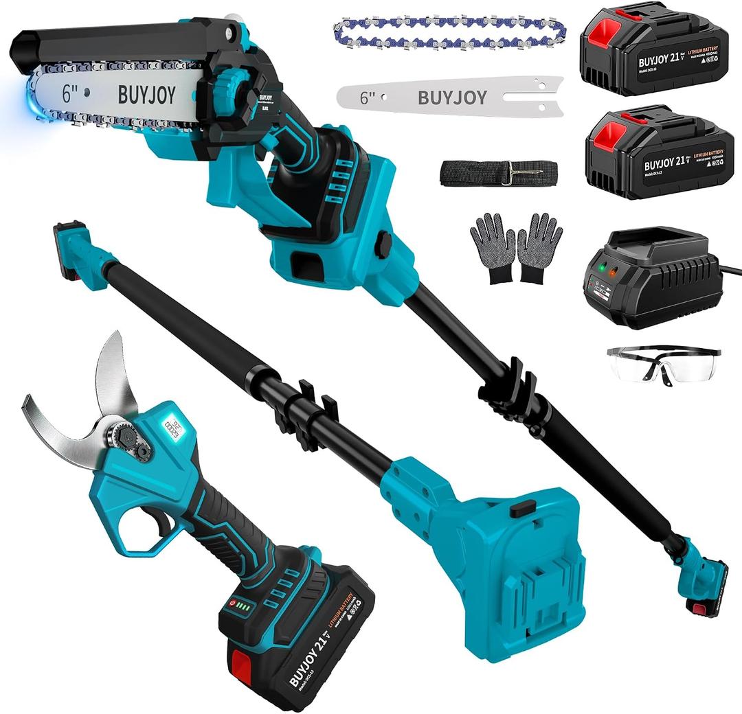 4-in-1 Pole Saw & Electric Pruning Shears, 6 Inch Mini Chainsaw for Tree Trimming, Cordless Pruning Shears with 9.5ft Max Extension Pole, 2 x 4.0Ah Battery Powered Pole Saw Pruner for Garden (Blue)