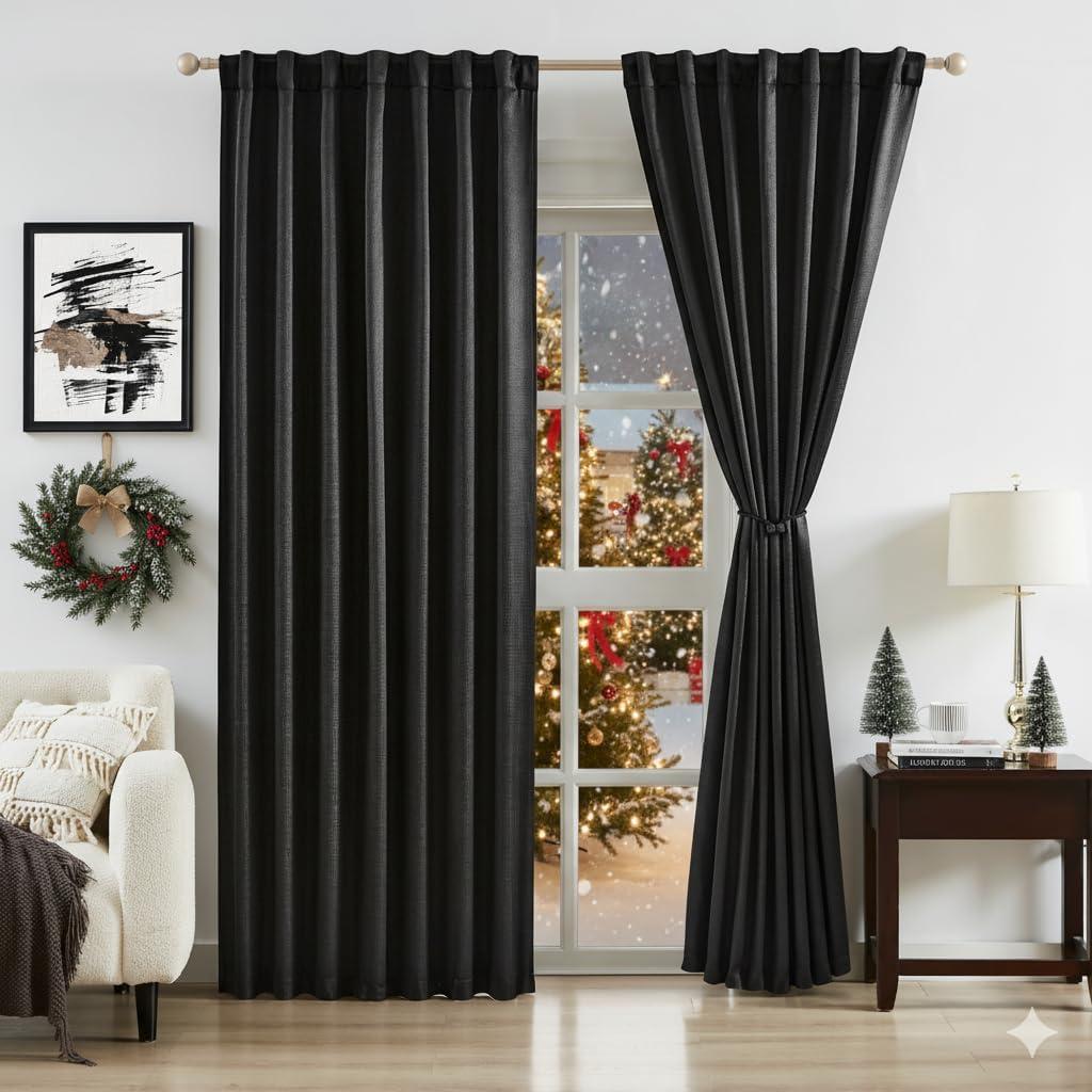 Bujasso Jacquard Black Blackout Curtains with Tiebacks Rod Pocket Back Tab Luxury Thermal Insulated Room Darkening Halloween Window Curtains for Living Room 84 inch Black Drapes 2 Panels 54" Wx84 L